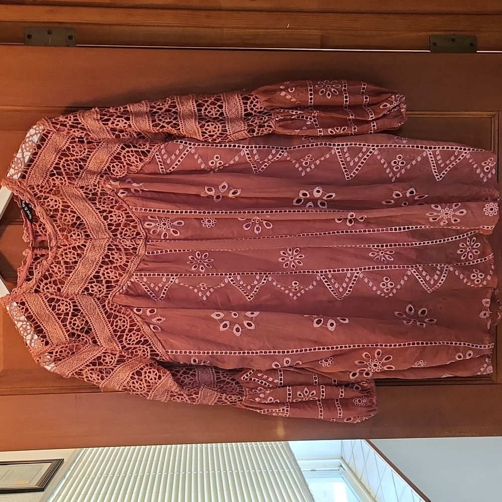 Strut & Bolt Laurel terracotta eyelet crocheted long sleeve mini dress